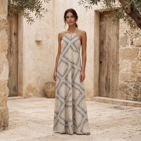 bishop + young Dresses & Skirts - BISHOP + YOUNG Cream Navy Bandana Paisley Halter Maxi Dress Open Back XS $138